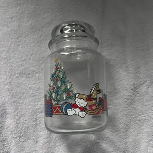 VINTAGE 1988 GLASS CHRISTMAS THEME JAR WITH LID